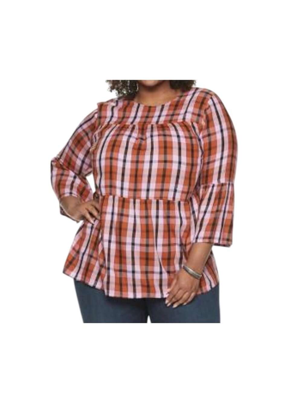 Evri Multicolor Plaid Print Preppy Cottage Puff Sleeve Causal Blouse Size 2X